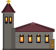 Pixel art of a lit chapel landmark